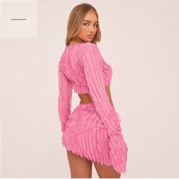 Ego Pink Long Sleeve Tie Front Crop Top And Tie Side Mini Skirt Texture Set - Picture 2 of 5